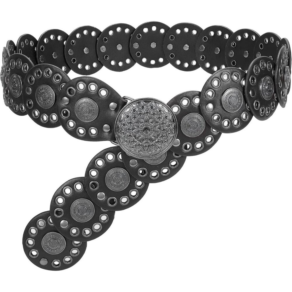 Women Vintage Disc Waist Belts Concho Leather Belts Boho Waist Belt Black Buckle